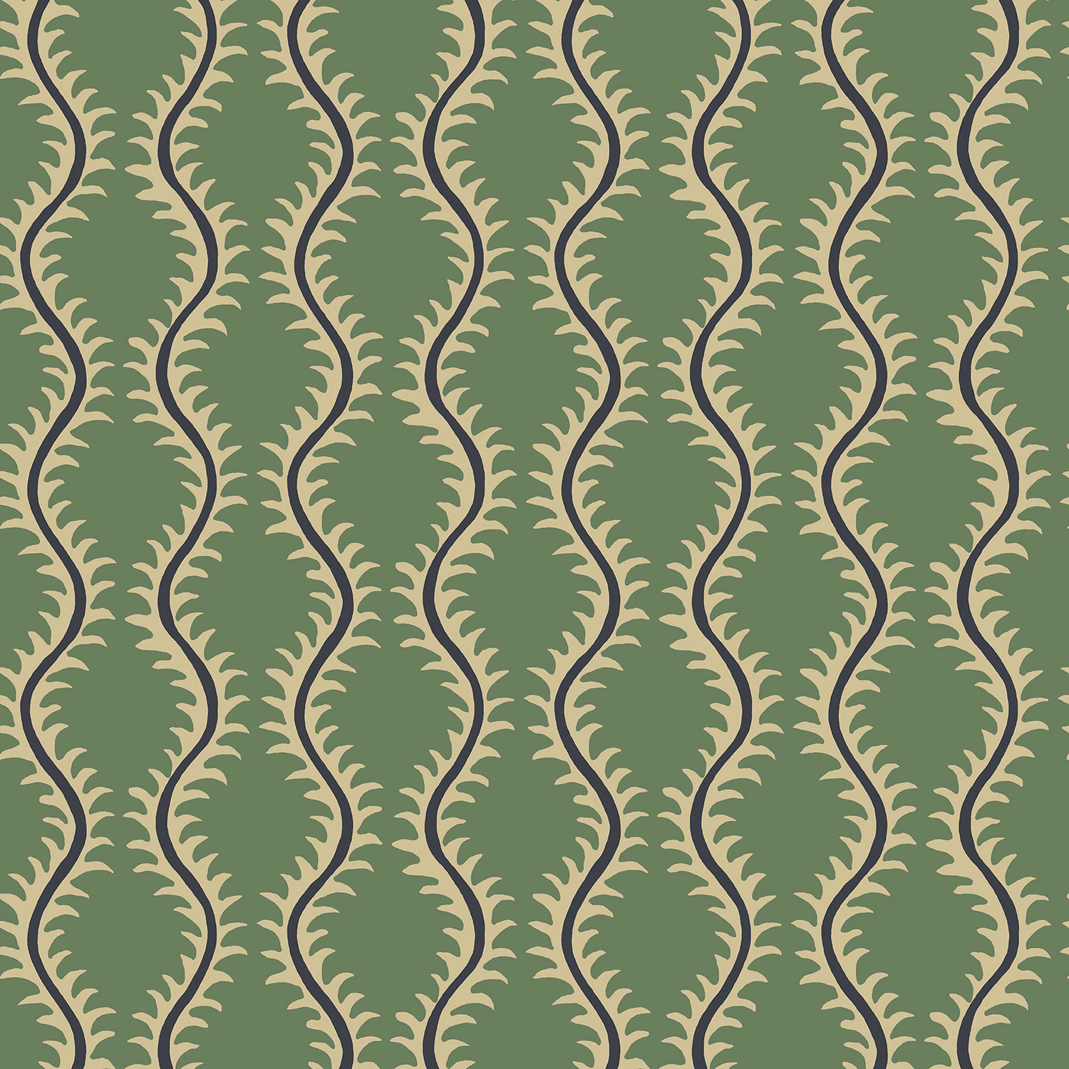 Sage green wallpaper with cream leafy curves and dark navy vertical lines