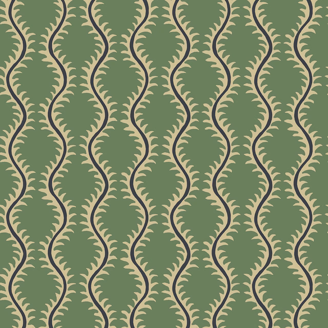 Sage green wallpaper with cream leafy curves and dark navy vertical lines