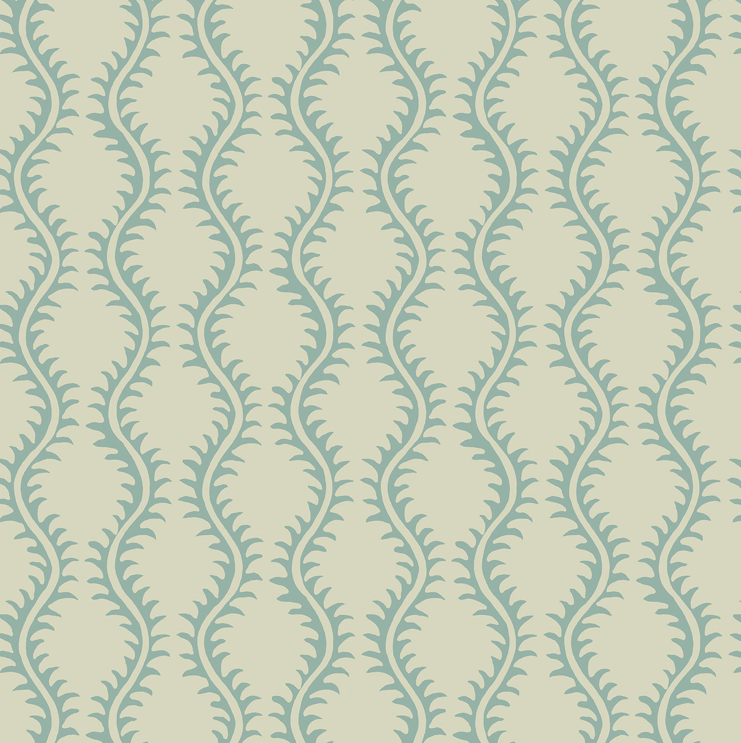 Muted blue-green curling fronds on a pale sage-grey wallpaper ground