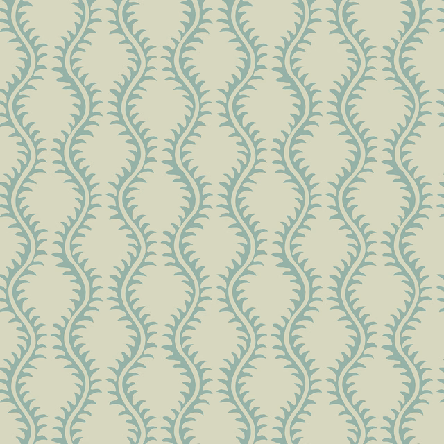 Muted blue-green curling fronds on a pale sage-grey wallpaper ground