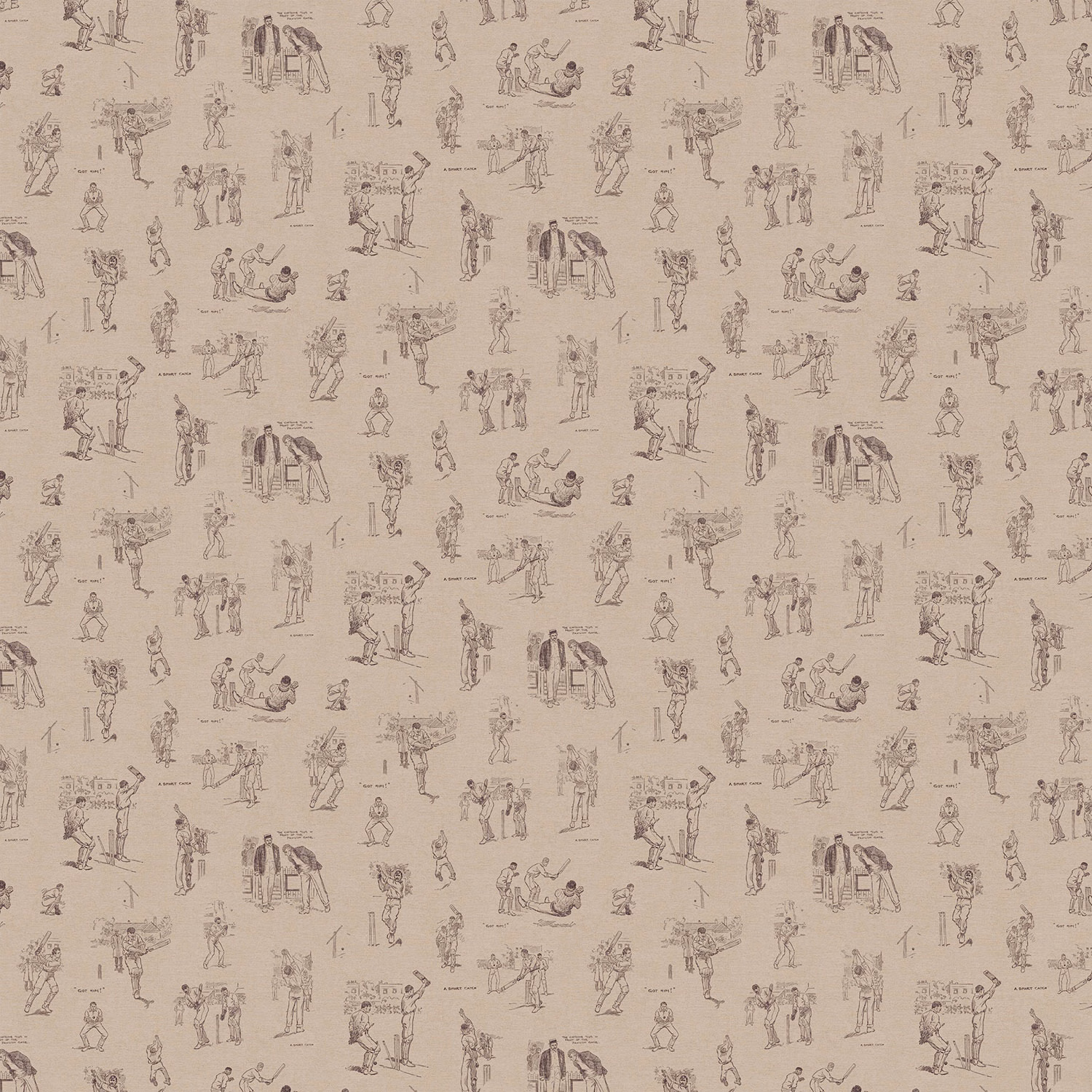 Warm cream wallpaper with repeating sepia cricket sketches and tiny illustrated figures