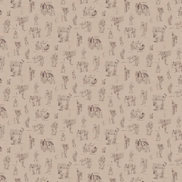Warm cream wallpaper with repeating sepia cricket sketches and tiny illustrated figures