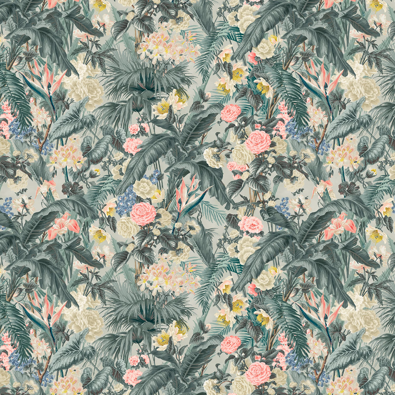 Aqua-green tropical wallpaper with sage palms, coral roses and yellow flowers
