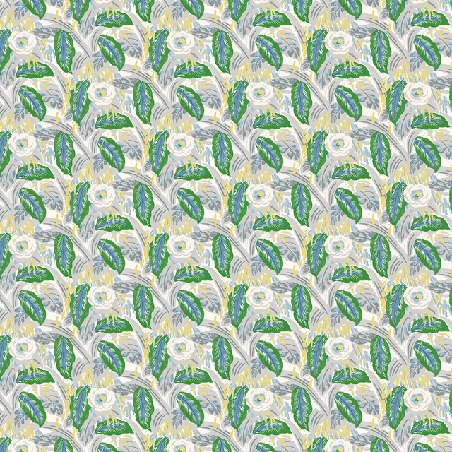 Emerald and blue-green leaves with cream flowers on a pale botanical repeat