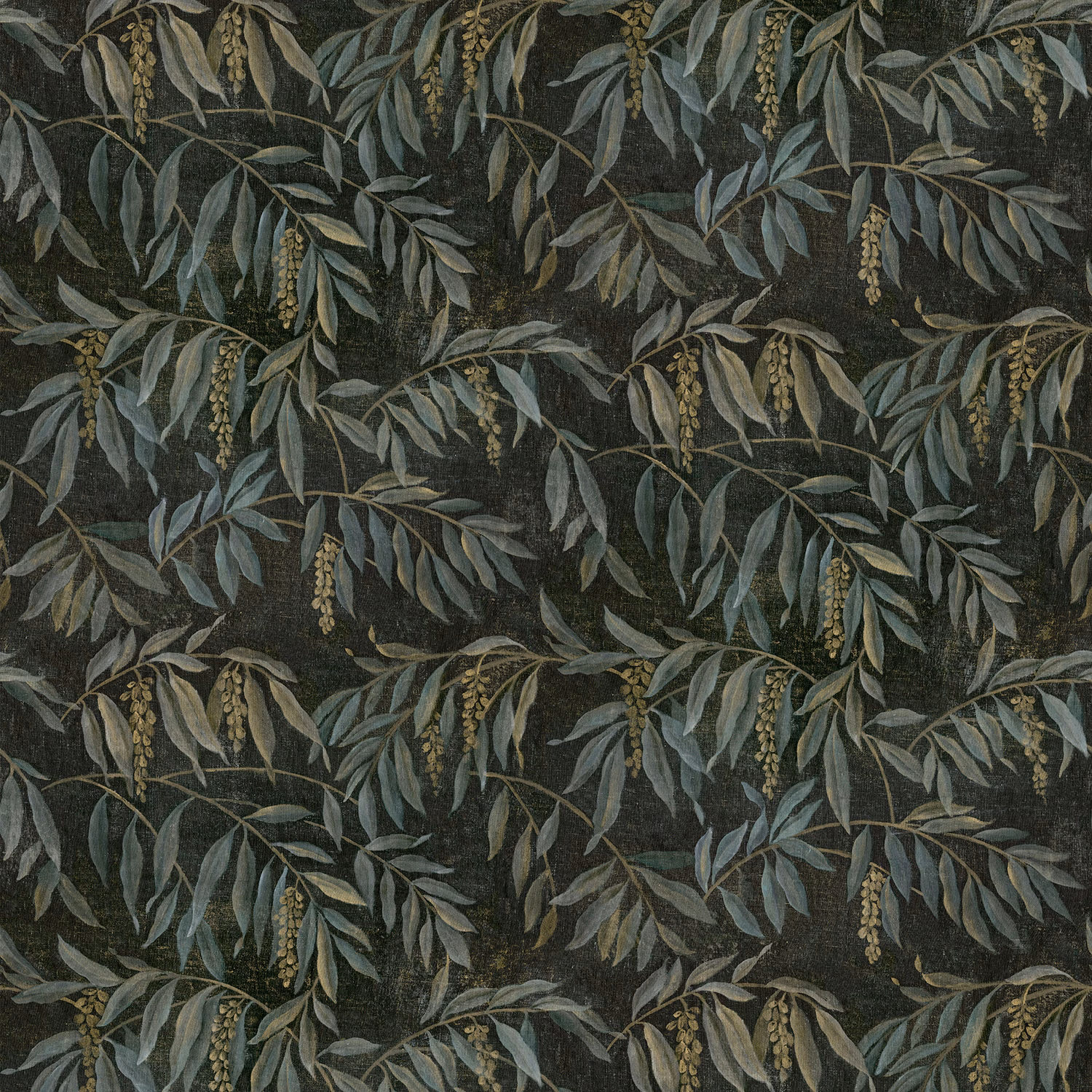 Charcoal botanical wallpaper with blue-grey leaves and muted gold catkin clusters