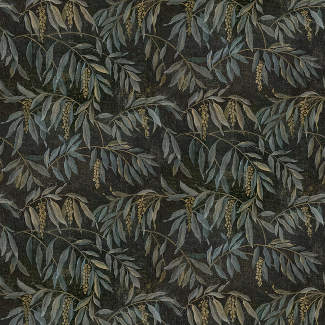 Charcoal botanical wallpaper with blue-grey leaves and muted gold catkin clusters