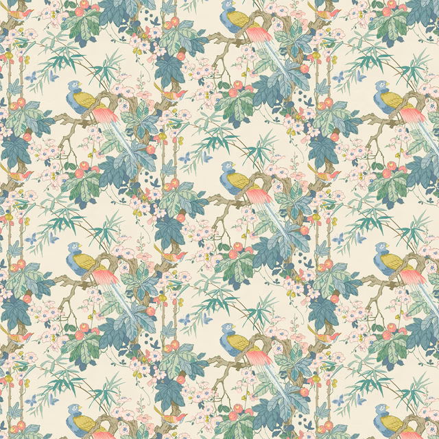Cream wallpaper with teal foliage, coral blossoms and blue-yellow birds on branches