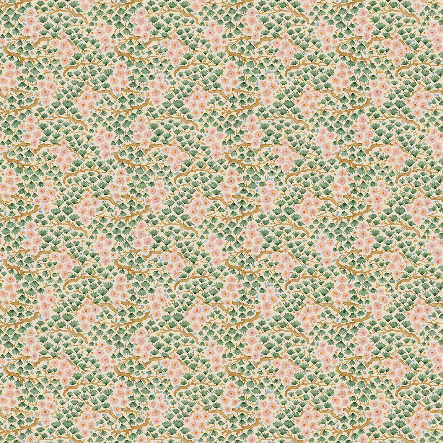 Small blush-pink flowers and green leafy sprigs repeat across a pale wallpaper ground
