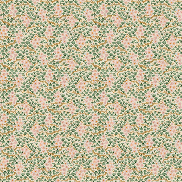 Small blush-pink flowers and green leafy sprigs repeat across a pale wallpaper ground