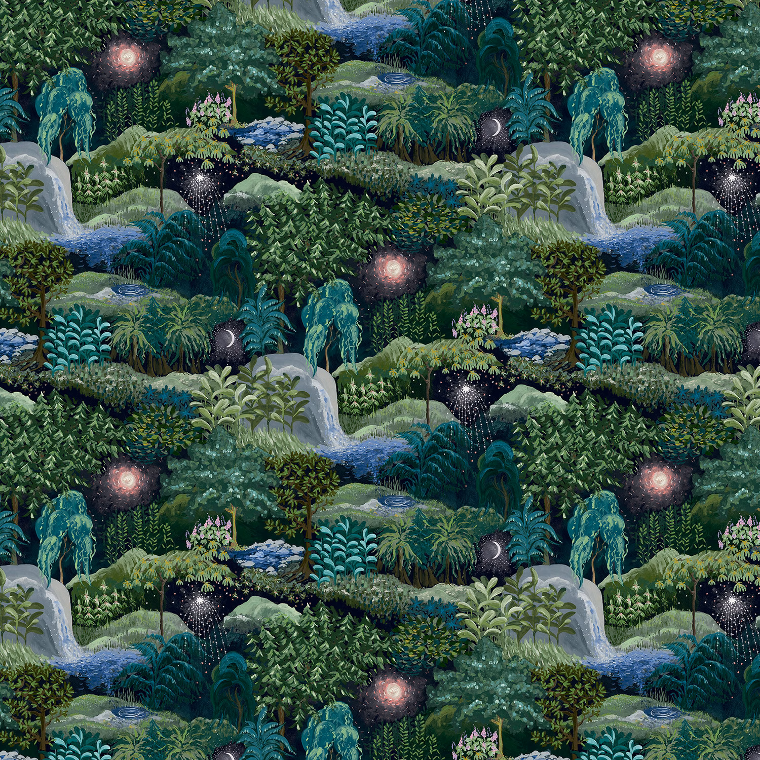 Deep teal jungle wallpaper with glowing blush lights, waterfalls and dense botanical layers