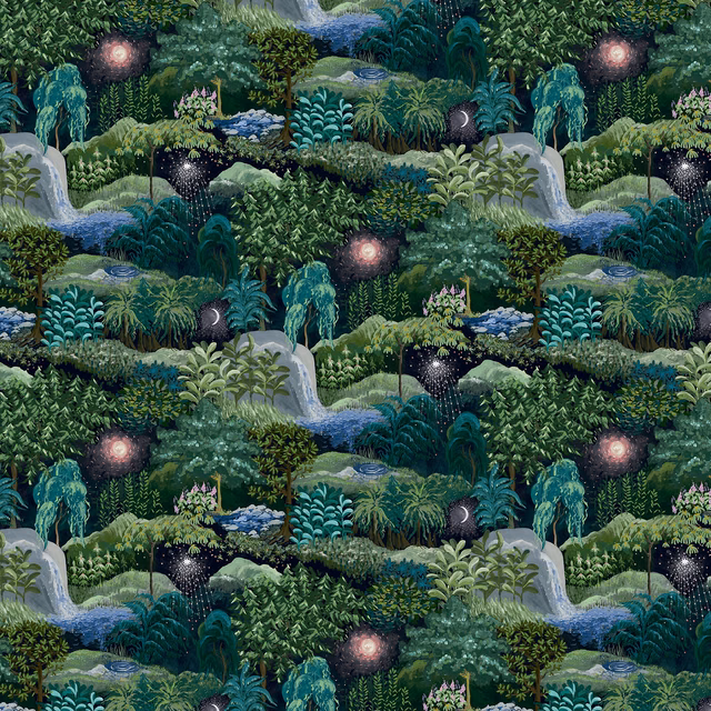 Deep teal jungle wallpaper with glowing blush lights, waterfalls and dense botanical layers