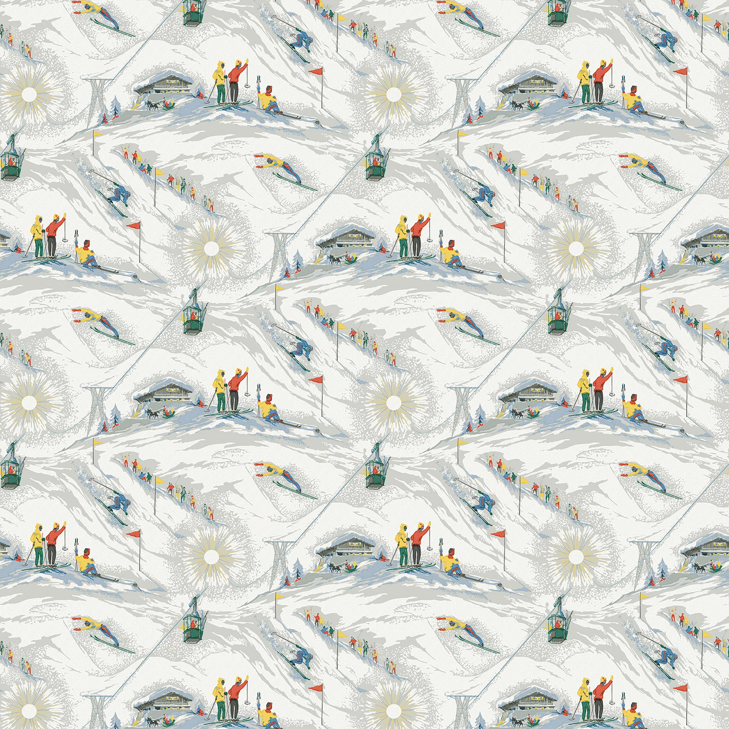 Cool off-white ski-scene wallpaper with blue-grey slopes and colourful skiers