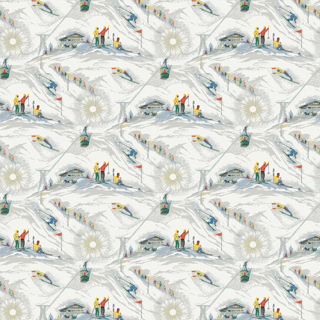 Cool off-white ski-scene wallpaper with blue-grey slopes and colourful skiers