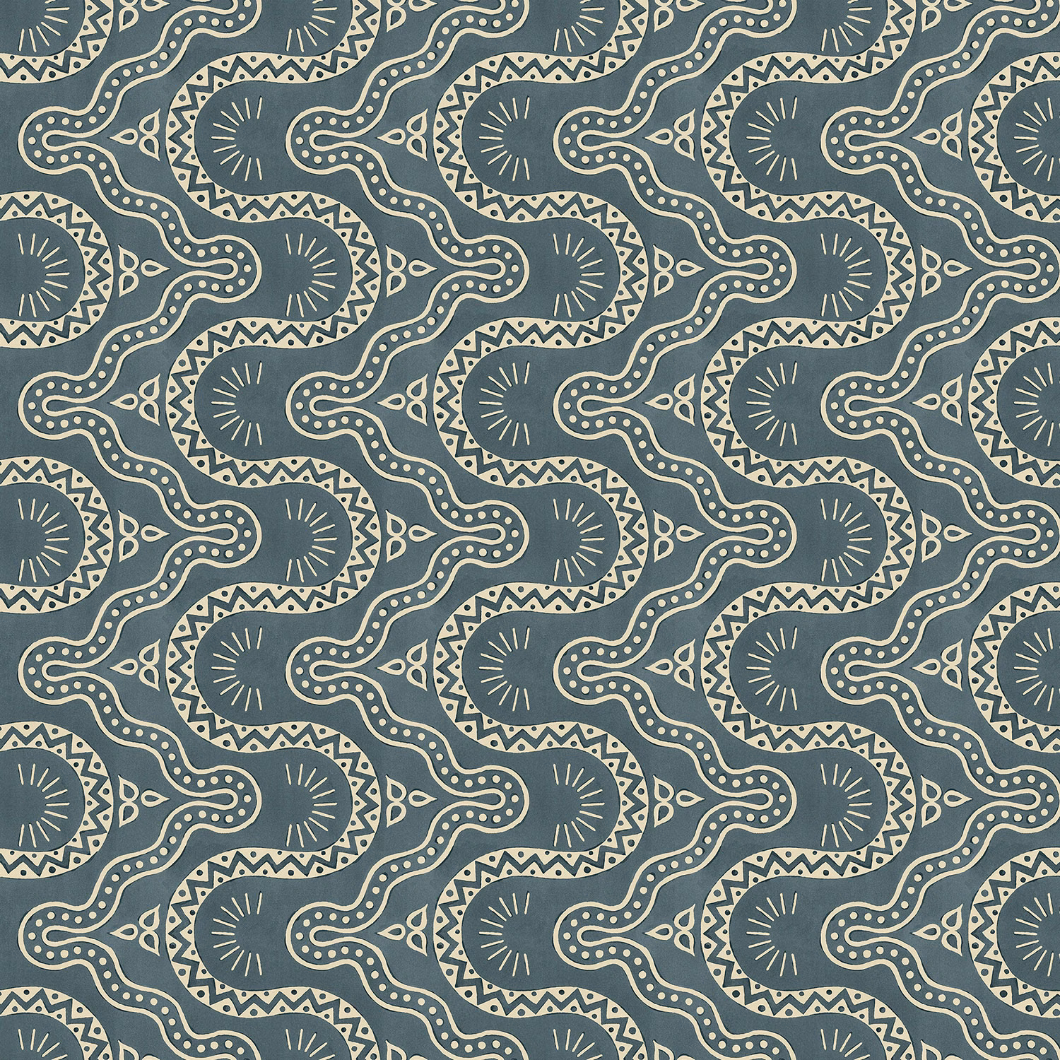 Muted indigo wallpaper with cream fan motifs, dotted curves and zigzag borders