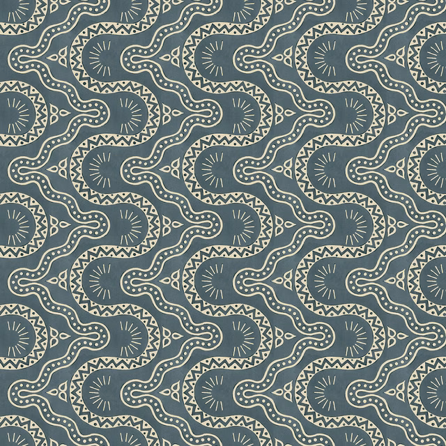 Muted indigo wallpaper with cream fan motifs, dotted curves and zigzag borders