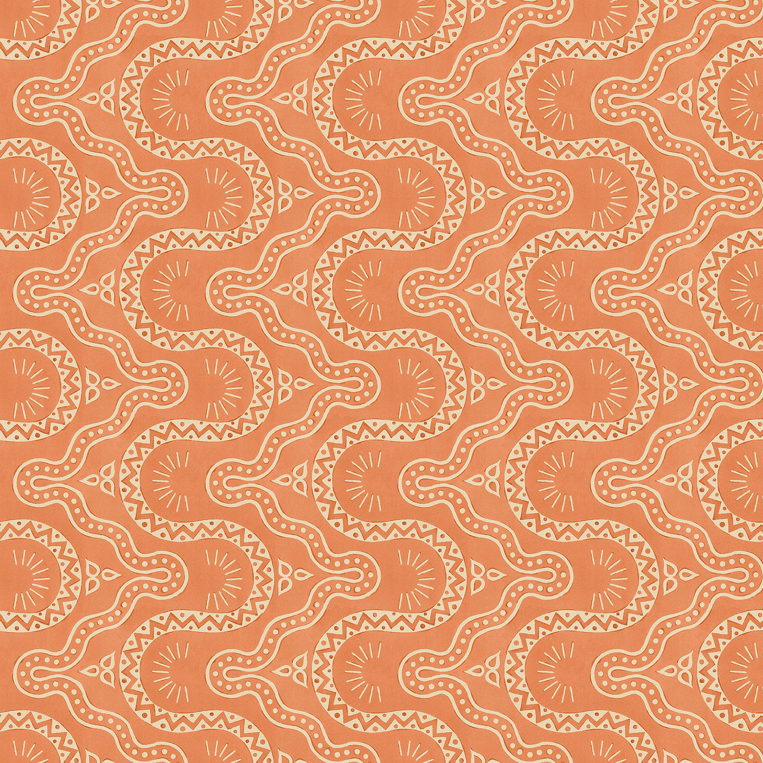 Warm papaya terracotta wallpaper with cream looping geometric bands and sunburst motifs