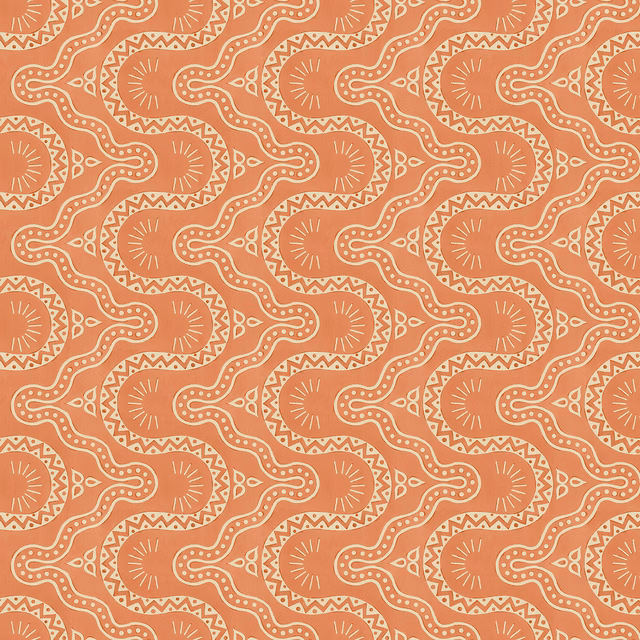 Warm papaya terracotta wallpaper with cream looping geometric bands and sunburst motifs