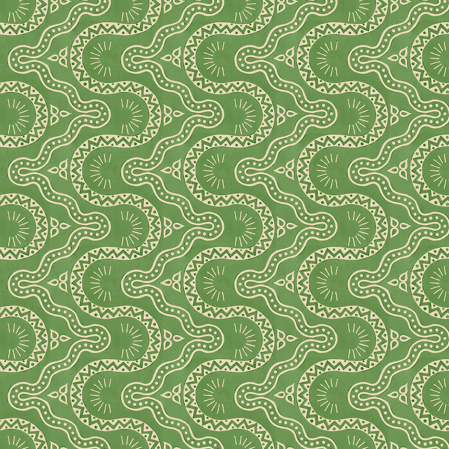 Mossy aqua-green wallpaper with cream scrolling geometric links and radiating motifs