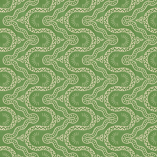 Mossy aqua-green wallpaper with cream scrolling geometric links and radiating motifs