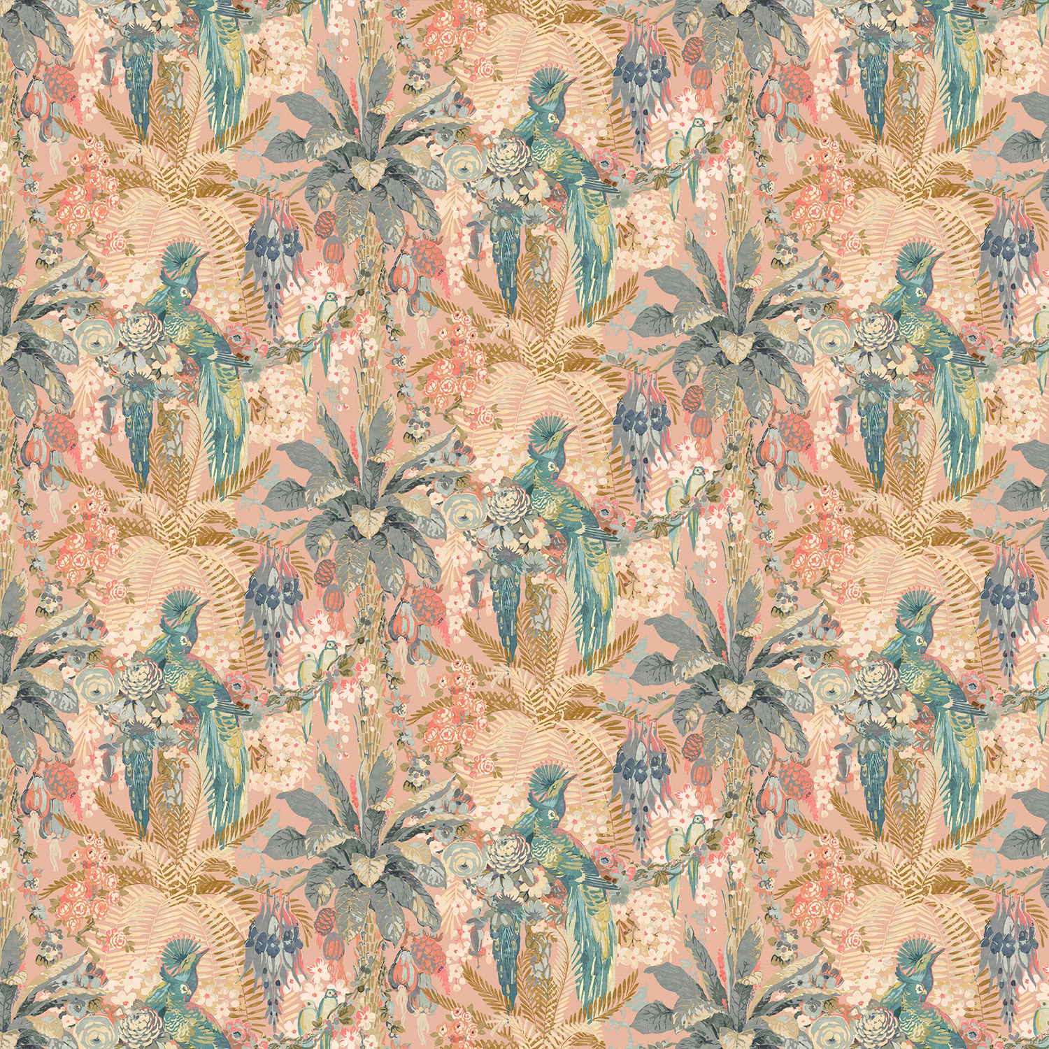 Dusty pink wallpaper with teal birds, palms and dense botanical foliage
