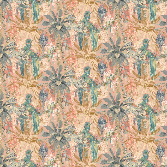 Dusty pink wallpaper with teal birds, palms and dense botanical foliage