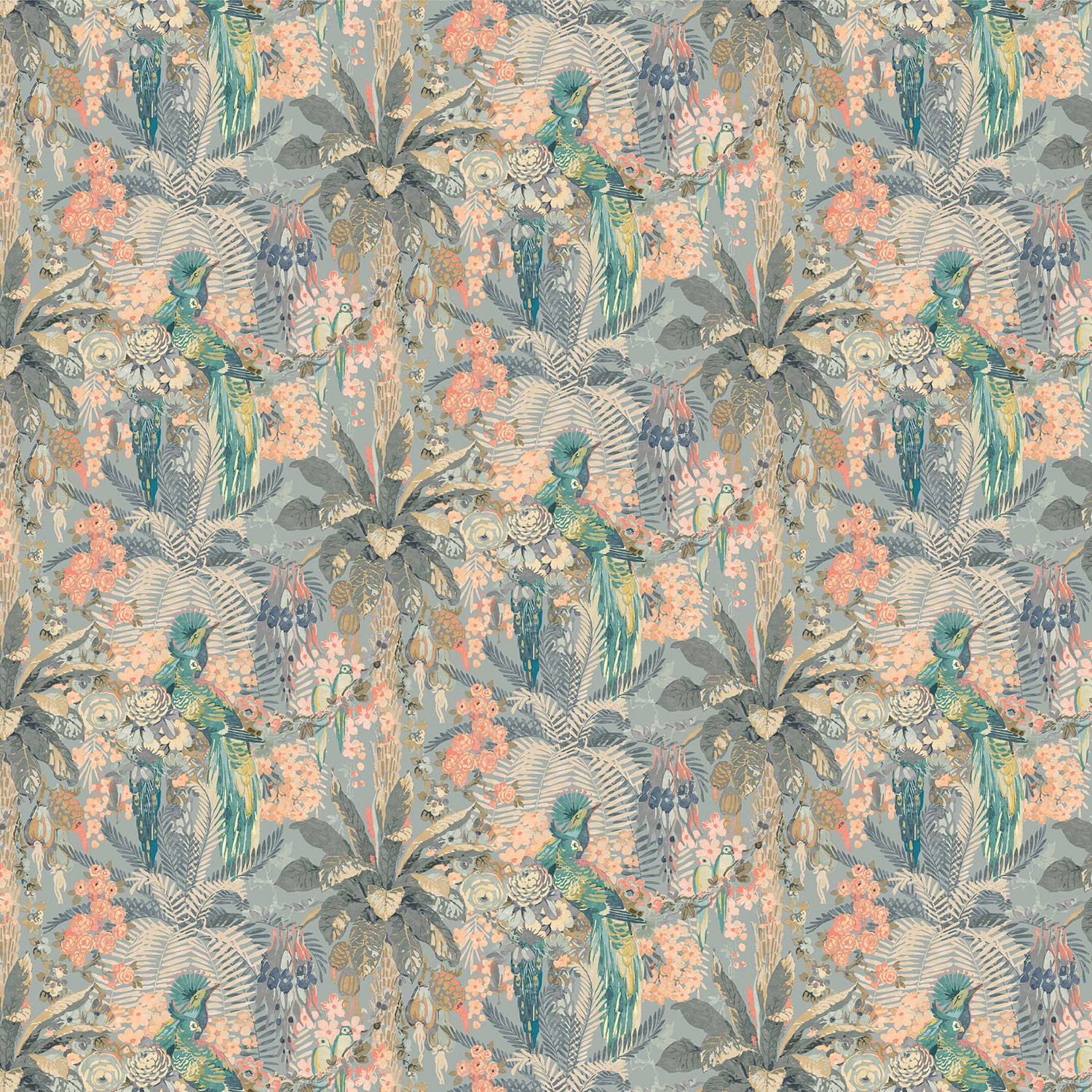 Powder blue wallpaper with coral flowers, tropical foliage and perched parrots