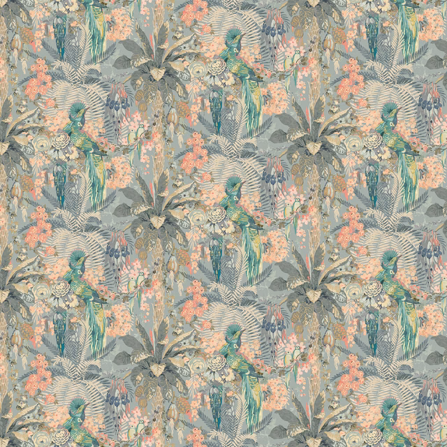 Powder blue wallpaper with coral flowers, tropical foliage and perched parrots