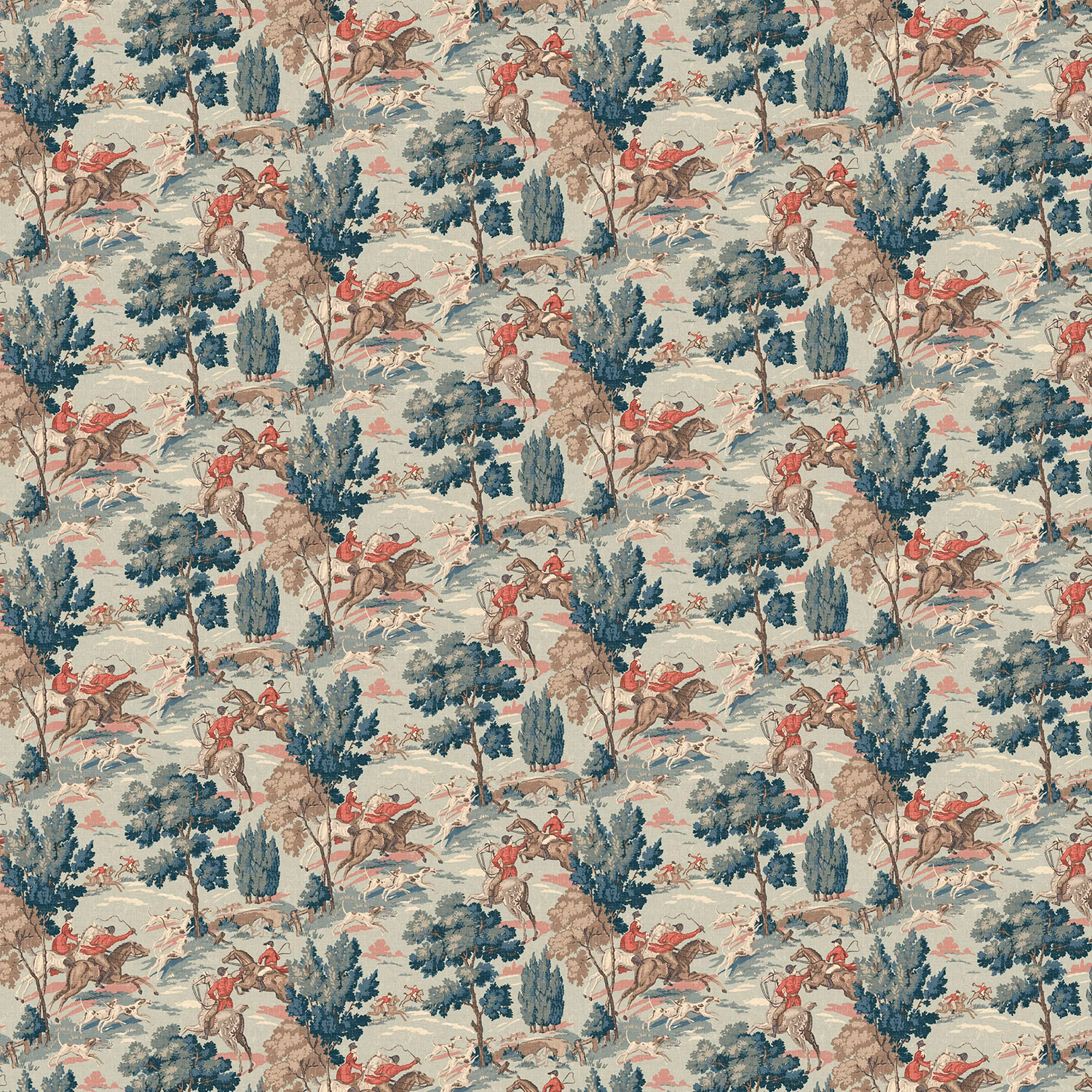 Muted aqua woodland wallpaper with red riders, horses and blue-green trees