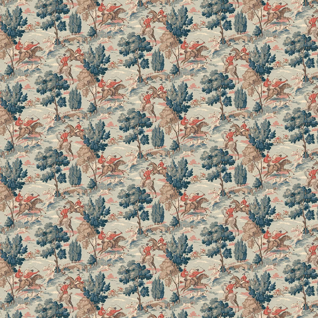 Muted aqua woodland wallpaper with red riders, horses and blue-green trees
