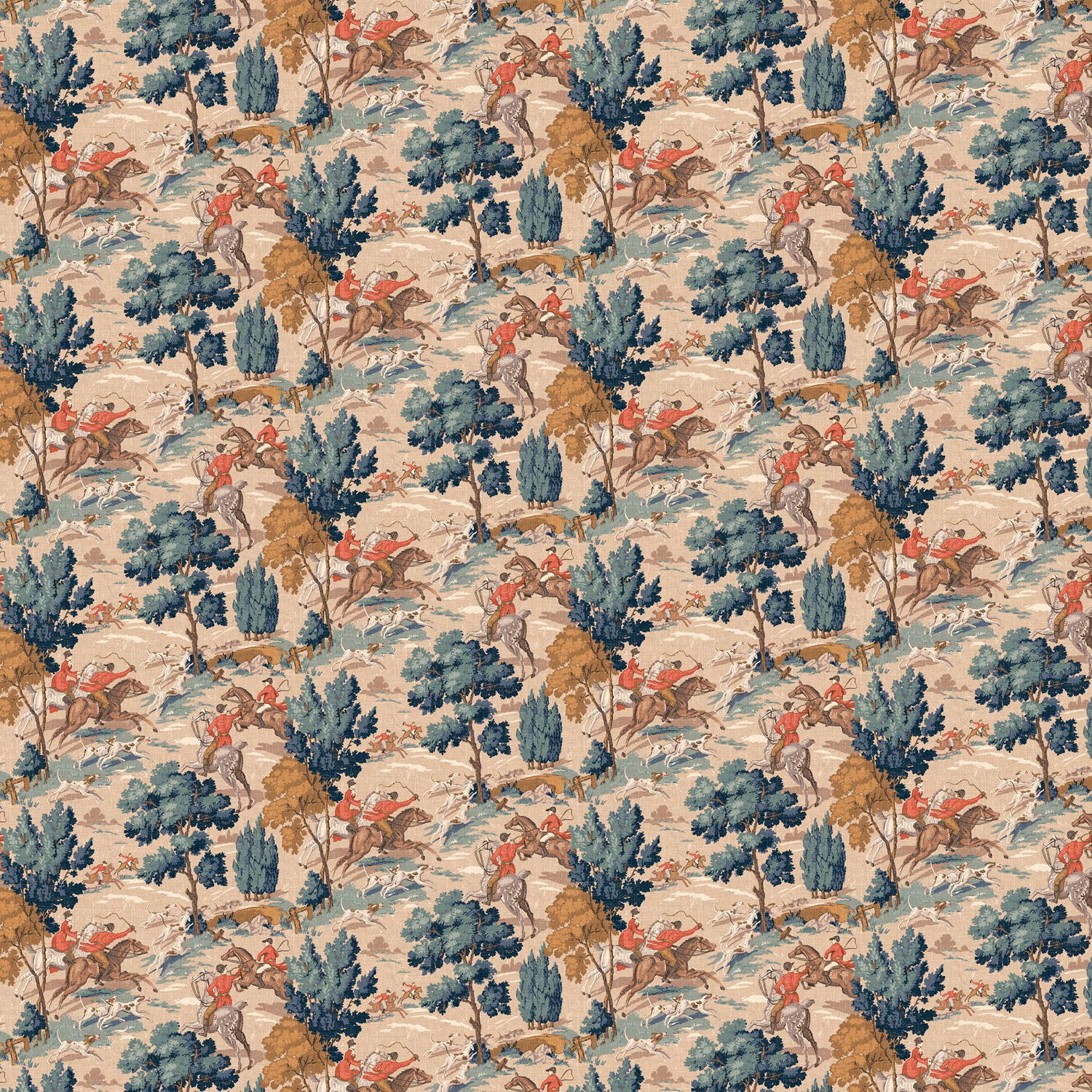 Biscuit wallpaper with teal trees, red riders and whimsical equestrian scenes