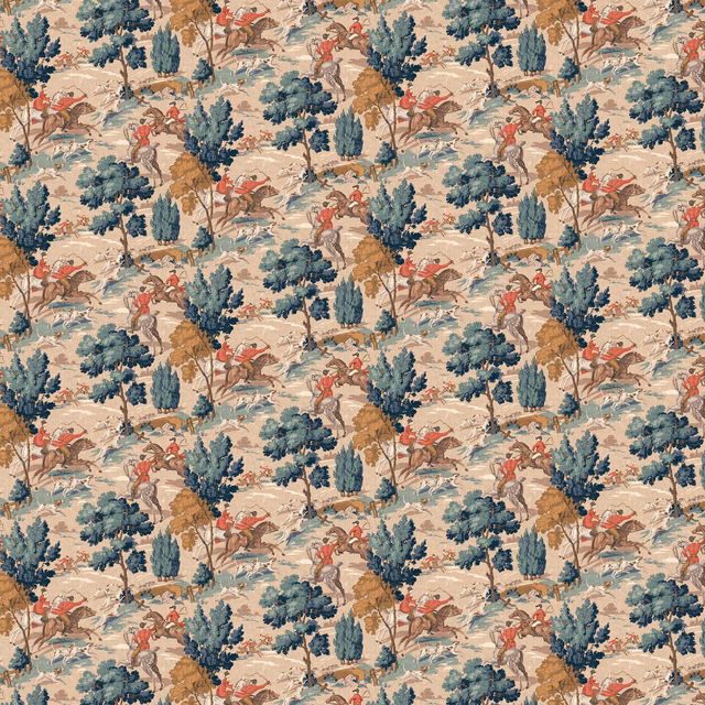 Biscuit wallpaper with teal trees, red riders and whimsical equestrian scenes