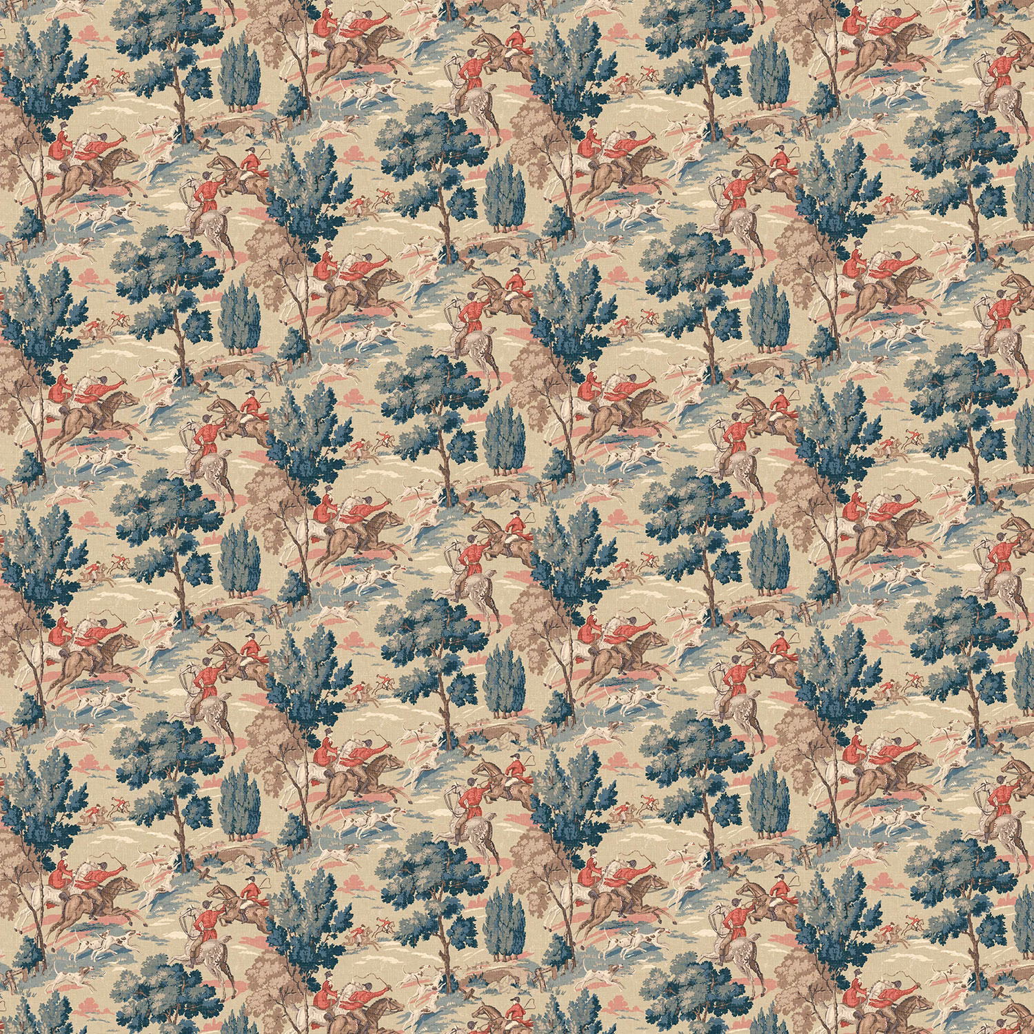 Sage-aqua woodland wallpaper with red riders and cream-ground hunting scenes