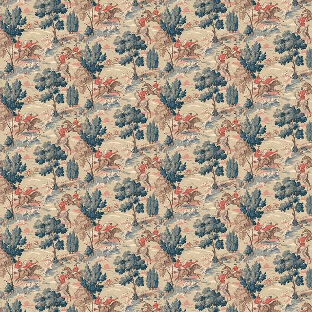 Sage-aqua woodland wallpaper with red riders and cream-ground hunting scenes