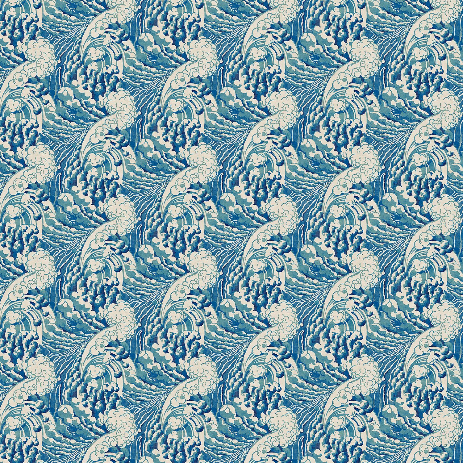 Cool ocean-blue wave wallpaper with teal curls, cream foam and fine linework