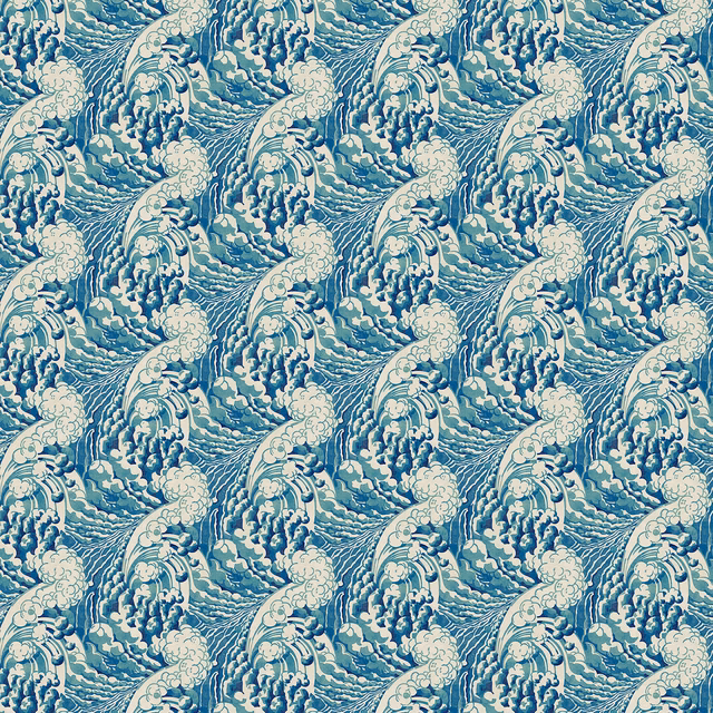 Cool ocean-blue wave wallpaper with teal curls, cream foam and fine linework
