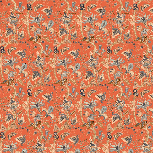Dense chilli-red botanical wallpaper with blue-grey, cream and charcoal floral motifs