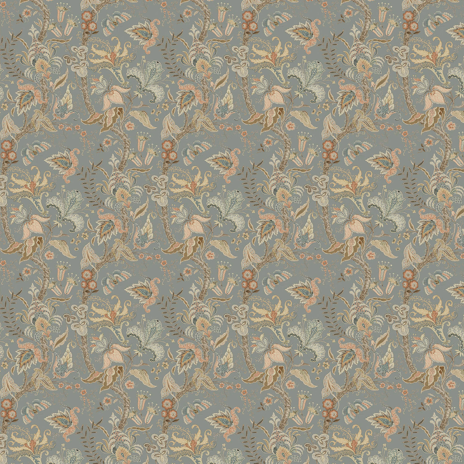 Dusty blue-grey wallpaper with dense multicoloured floral and scrolling botanical motifs