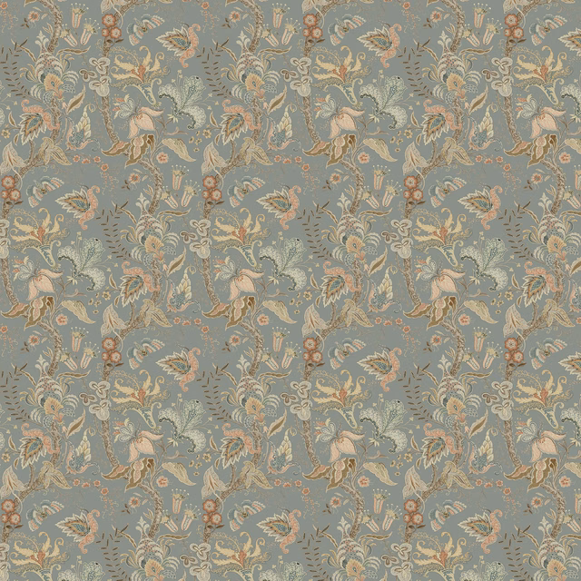 Dusty blue-grey wallpaper with dense multicoloured floral and scrolling botanical motifs