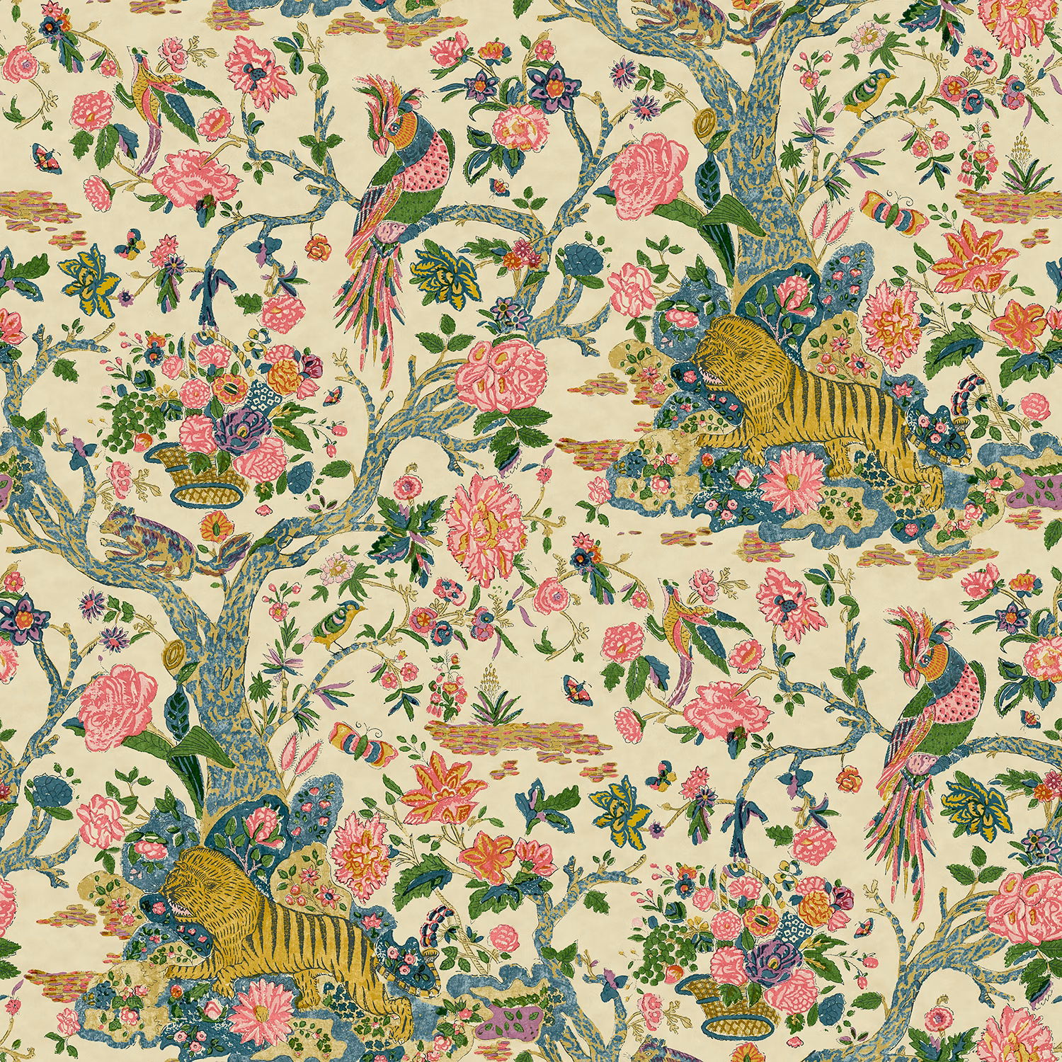 Cream-ground wallpaper with a striped tiger, pink blossom, jewel-toned birds and painted trees