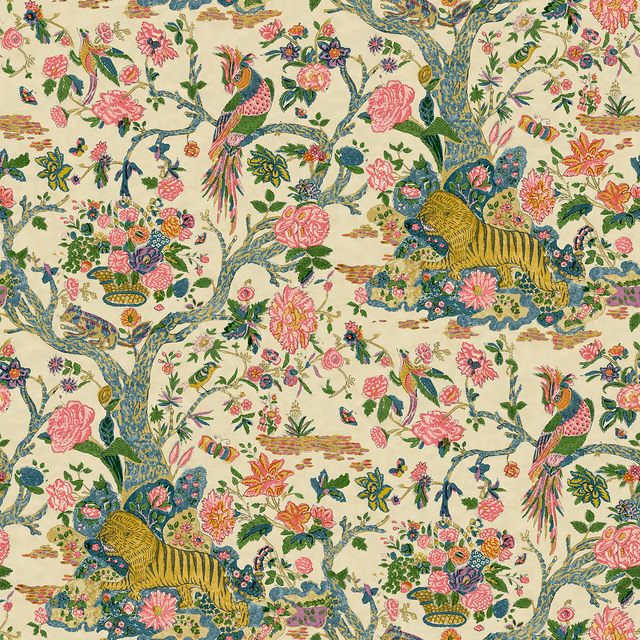 Cream-ground wallpaper with a striped tiger, pink blossom, jewel-toned birds and painted trees