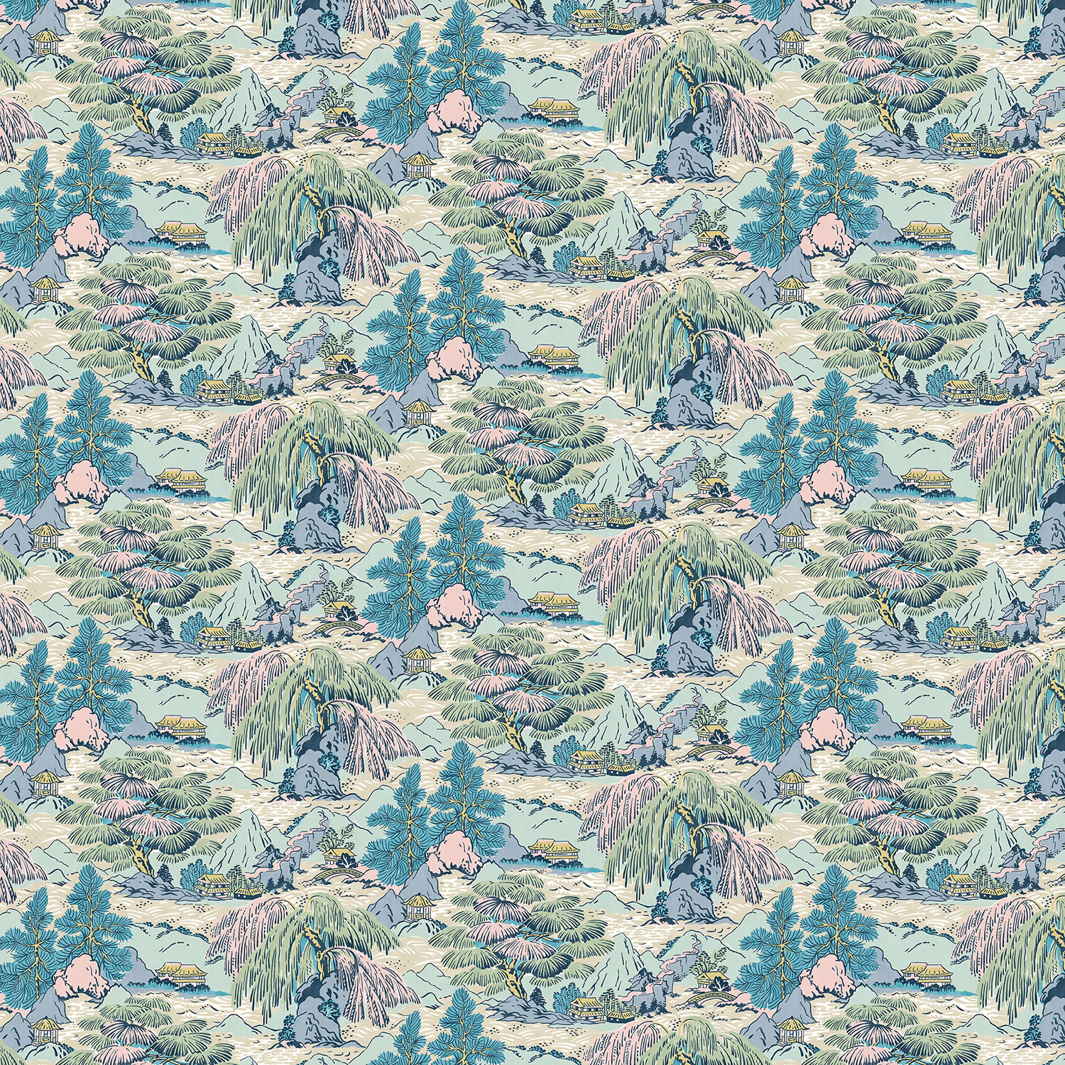 Soft aqua wallpaper with pastel mountain, tree and village landscape repeat