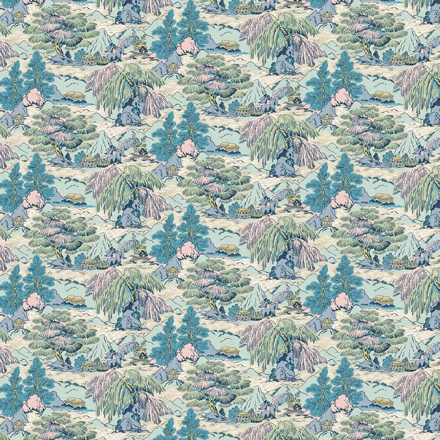 Soft aqua wallpaper with pastel mountain, tree and village landscape repeat
