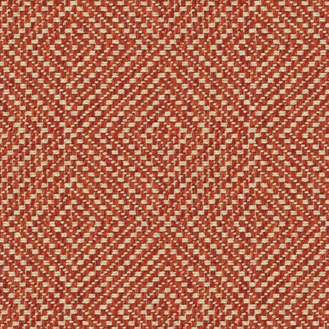 Rhubarb red and cream woven fabric with angular diamond motifs and tactile texture
