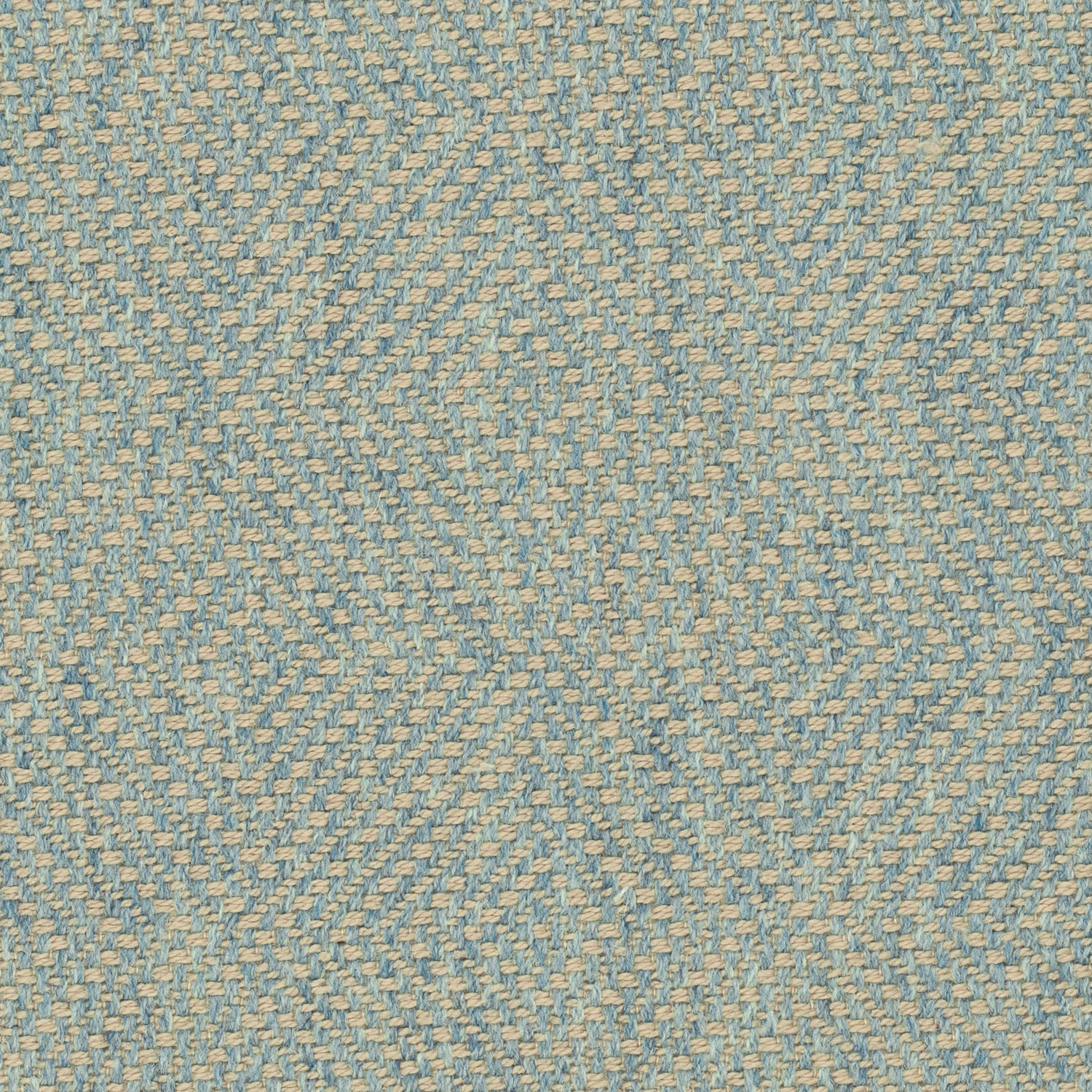 Close-up of pale sky-blue and beige yarns in a small diagonal woven texture