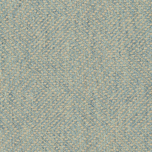 Close-up of pale sky-blue and beige yarns in a small diagonal woven texture