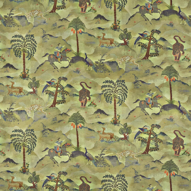Muted olive green fabric with palms, birds, animals and figures in a repeating scenic print