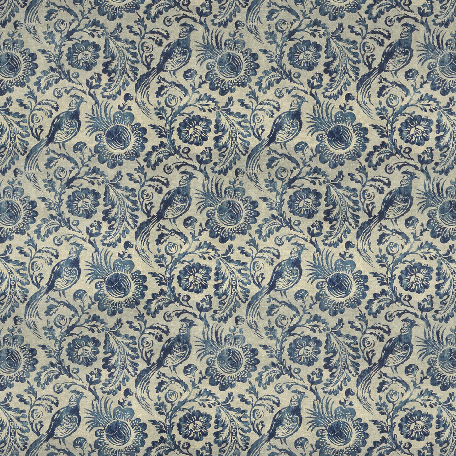 Muted Delft blue fabric with dark pheasants, rosettes and scrolling floral foliage