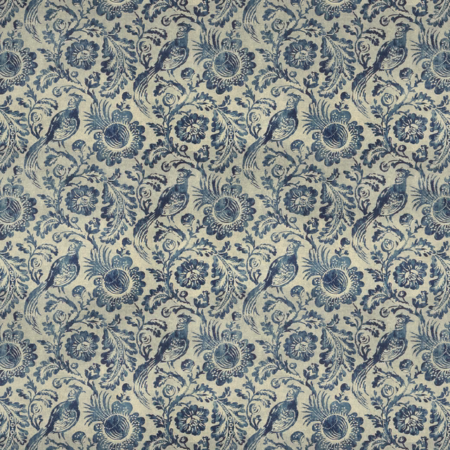 Muted Delft blue fabric with dark pheasants, rosettes and scrolling floral foliage