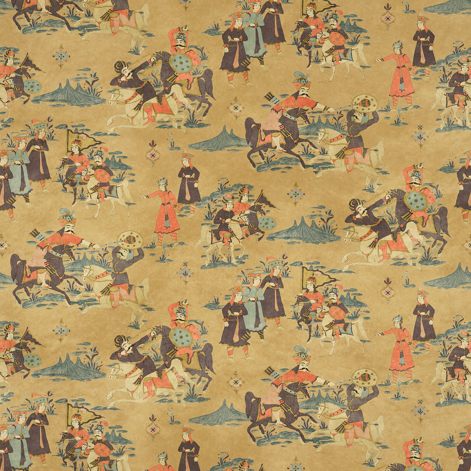 Ochre tan cotton print with mounted riders, figures, foliage and coral teal accents
