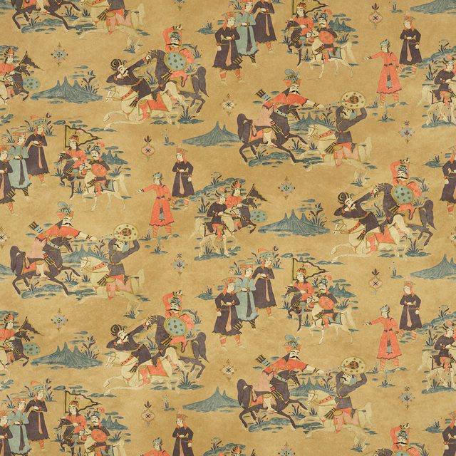 Ochre tan cotton print with mounted riders, figures, foliage and coral teal accents